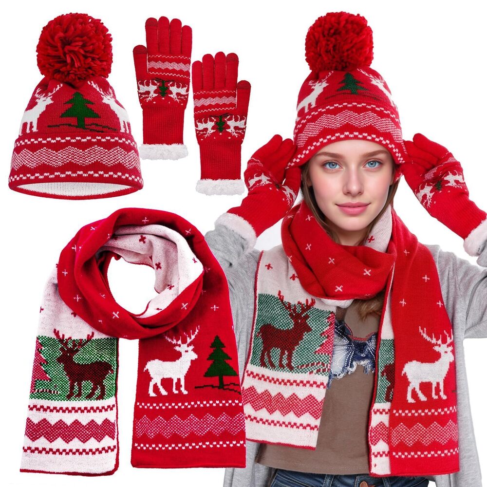 8342 Knitted Hat Scarf Glove Set , Pom Pom Beanie, Warm Gloves, Winter
